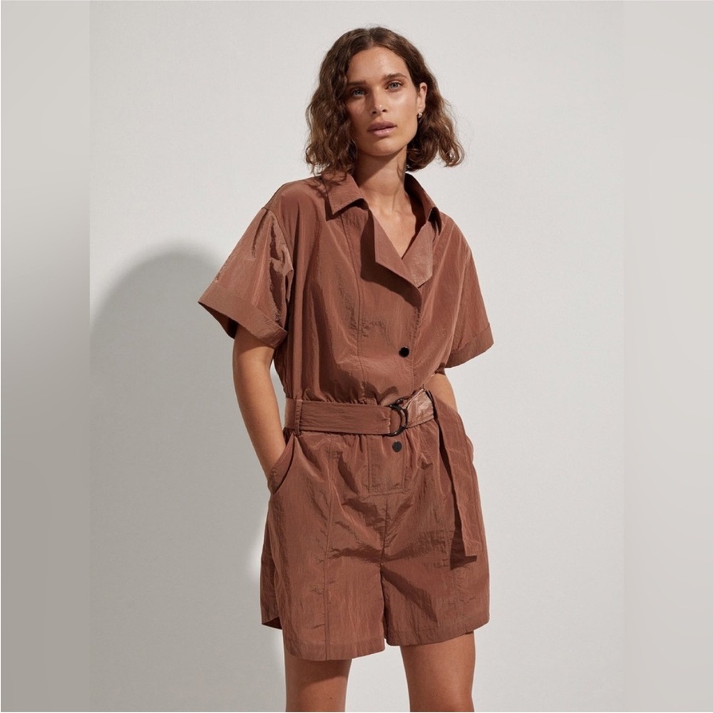 Varley Belle Boxy Playsuit Romper in Clove Brown made from Shimmer Shimmer Shell